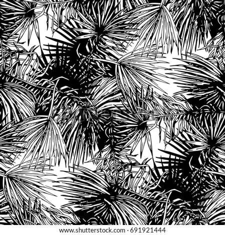 Seamless pattern with palm leaves, monochrome.