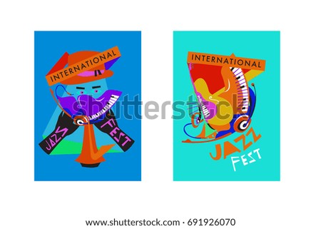 Colorful international jazz festival. Musicians, singers and musical instruments poster set flat vector illustration. Poster template for jazz and music events.