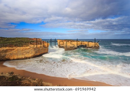 Long exposure image of Very Big rock in the sea, Aerial view of London Bridge on the Great Ocean Road in Victoria, Australia famous attraction of the Port Campbell National Park. 