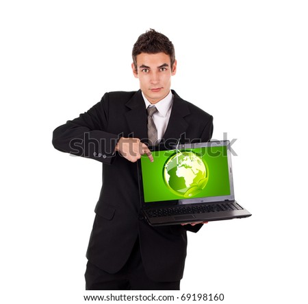 Business man pointing at eco world, isolated on white