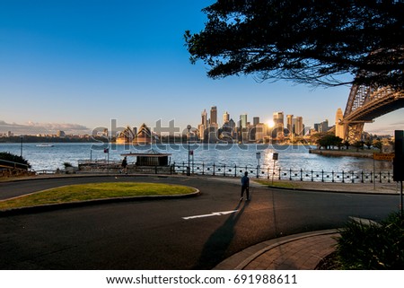 Sunrise over Sydney Skyline view from Jeffrey Street pier