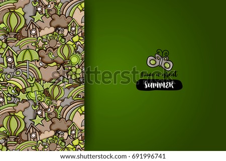 Summer cartoon doodle design. Cute background concept for greeting card,  advertisement, banner, flyer, brochure. Hand drawn vector illustration.  Brown and green color.