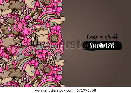Summer cartoon doodle design. Cute background concept for greeting card,  advertisement, banner, flyer, brochure. Hand drawn vector illustration.  Brown and pink color.