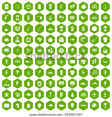 100 South America icons set in green hexagon isolated vector illustration