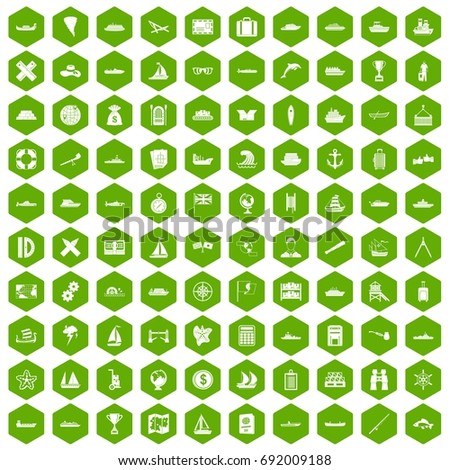 100 shipping icons set in green hexagon isolated vector illustration