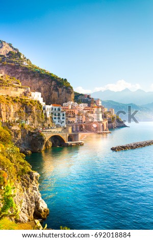 Morning view of Amalfi cityscape on coast line of mediterranean sea, Italy Royalty-Free Stock Photo #692018884