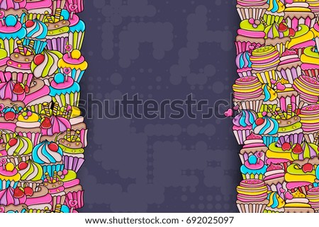 Cupcake cartoon doodle design. Cute background concept for birthday or party greeting card,  advertisement, banner, flyer, brochure. Hand drawn vector illustration. 