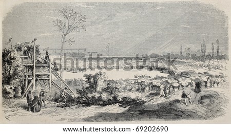 Antique illustration of horse racing in Montpellier, France. Original, from drawing of Worms, was published on L'Illustration, Journal Universel, Paris, 1860