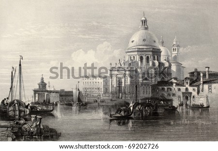 Antique illustration of  Santa Maria della Salute basilica, Venice, Italy. Original, created by W. L. Leitch and J. Radaway, was published in Florence, Italy, 1842, Luigi Bardi ed.