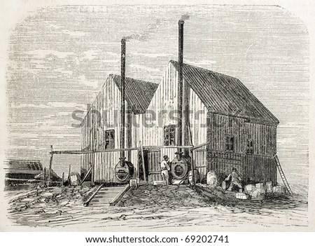 Port Said, double water sea desalination system, while working on the Suez canal opening. Original, from drawing of Blanchard and Anastasi, published on L'Illustration, Journal Universel, Paris, 1860