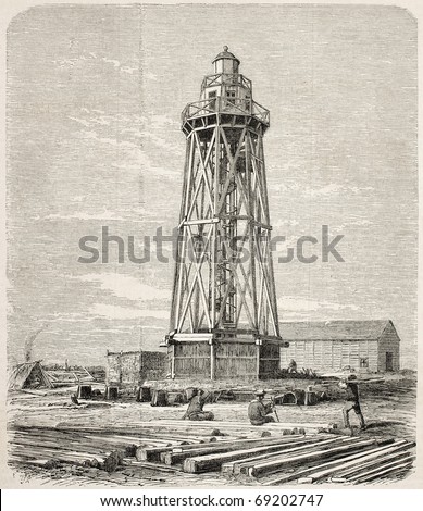 Port Said lighthouse just built while working on the Suez canal opening. Original, from drawing of Blanchard and Anastasi, was published on L'Illustration, Journal Universel, Paris, 1860