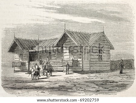 Antique illustration of engineers cottage in Port Said, working on the Suez canal opening. Original, from drawing of Blanchard and Anastasi, published on L'Illustration, Journal Universel, Paris, 1860