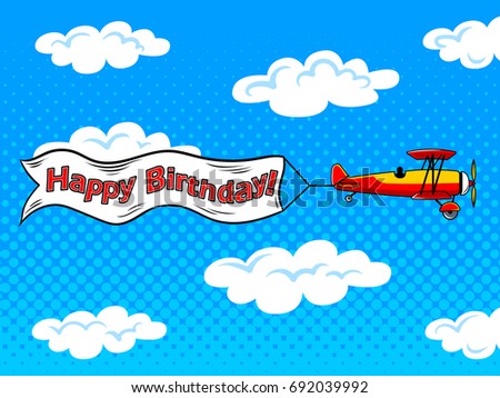 Airplane and inscription across the sky pop art style vector illustration. Comic book style imitation