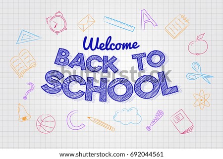 Funny banner "Back to School" with hand drawn doodles. Vector.