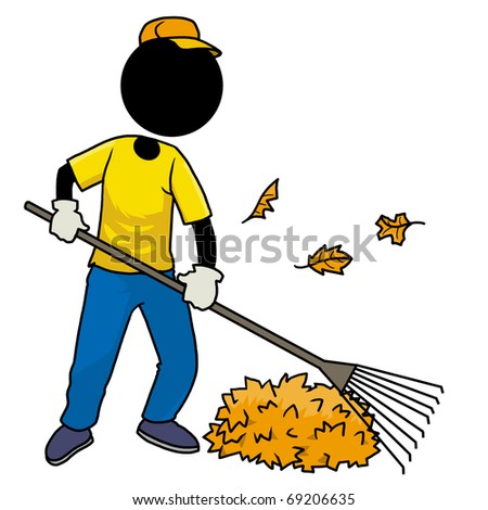 Silhouette-man at work - sweeping leaf