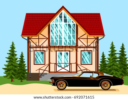 Beautiful two-storey house with a tiled roof, and a car at the porch and a sheepdog