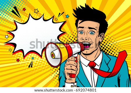 Wow pop art male face. Young handsome man with open mouth, flying tie, megaphone screaming announcement and empty speech bubble. Vector background in comic retro pop art style. Invitation poster.