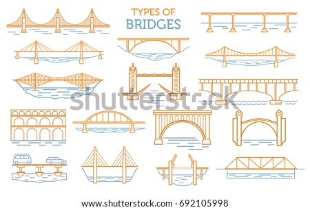 Types of bridges. Linear style icon set. Possible use in infographic design. Vector illustration Royalty-Free Stock Photo #692105998