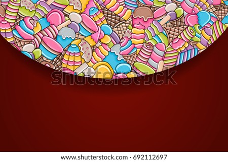 Ice cream cartoon doodle design. Cute background concept for party greeting card,  decoration, advertisement, banner, flyer, brochure. Hand drawn vector illustration. 