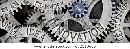 Macro photo of tooth wheel mechanism with INNOVATION, LEADERSHIP, TEAMWORK, IDEA, VISION, PLAN concept letters Royalty-Free Stock Photo #692118685