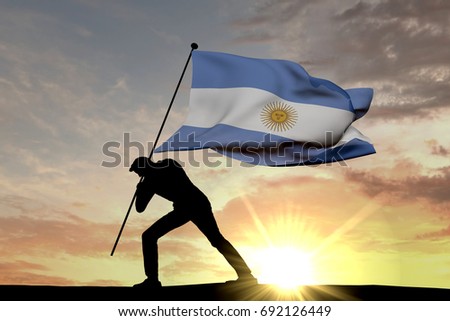 Argentina flag being pushed into the ground by a male silhouette. 3D Rendering