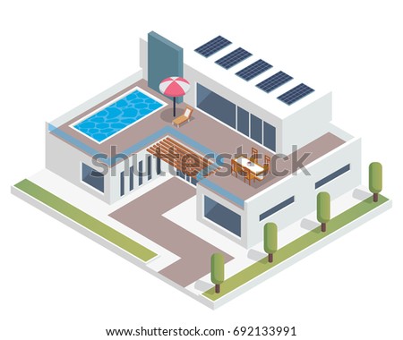 Modern Luxury Isometric Green Eco Friendly House With Solar Panel, Suitable for Diagrams, Infographics, Illustration, And Other Graphic Related Assets