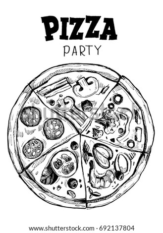 Pizza with different slices. Hand drawn vector illustration