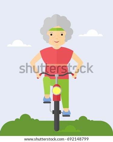 An elderly woman rides a bicycle. Cycling in the park. Grandma happy and cheerful.Cartoon flat illustration.