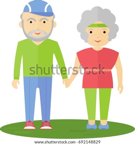 Seniors couple strolling through the park. They hold hands. Grandma and Grandpa smile. They are cheerful and happy.Cartoon flat illustration.