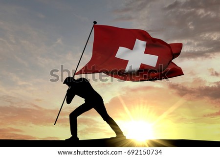 Switzerland flag being pushed into the ground by a male silhouette. 3D Rendering