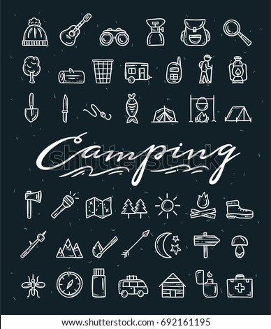 Camping hand drawn icons. Camping and picnic doodle illustrations on dark illustrations
