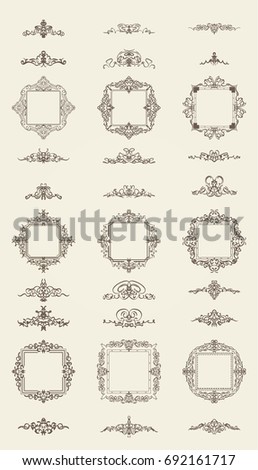 A huge rosette wicker border collection in vector. Yellow vintage text, certificate and page decoration in advertising. Business flourish signs and classic logo. Motifs frames and ornate elements.