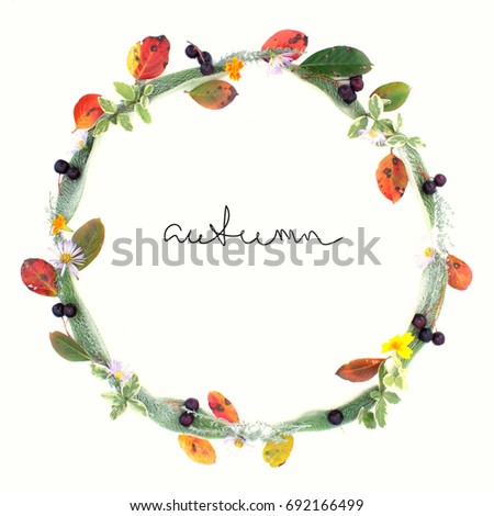 Autumn round frame wreath of autumn leaves, flowers and berries with handwritten inscription "autumn" isolated on white background. flat lay, top view