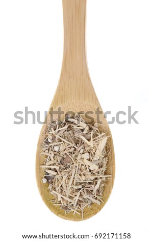 Siberian Ginseng on bamboo spoon. Isolated on white background. Royalty-Free Stock Photo #692171158