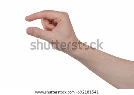 Man hand isolated on white background. Hand gesture - two fingers holding something