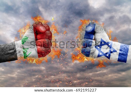 Two fist with the flag of Iraq and Israel faced at each other ready for fight