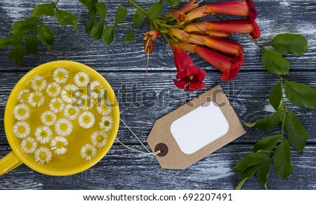 Chamomile tea in a yellow wide mug, red Wild flowers, green leaves and  label with copy space in the center of frame. Beautiful bright summer still life. Summer sales market concept 