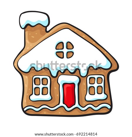 Glazed house-shaped homemade Christmas gingerbread cookie, sketch style vector illustration isolated on white background. Christmas glazed gingerbread cookie in shape of village house