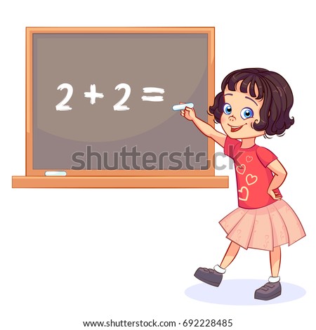 Sweet little girl decides on the blackboard the equation "two plus two". Back to school card, banner, poster. Vector cartoon student character.