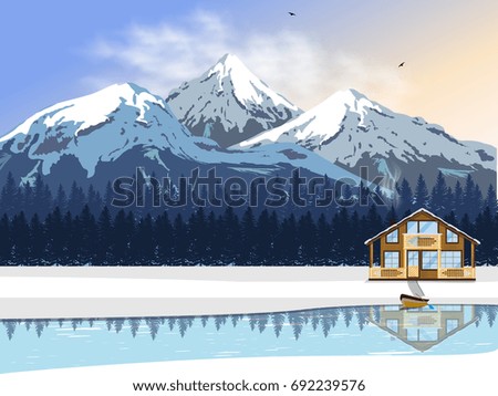 Winter landscape. A wooden house by the river with a boat. High snow-capped mountains and forest on the horizon. Vector illustration for winter holidays.