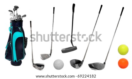 Set of golf clubs and bag with balls.