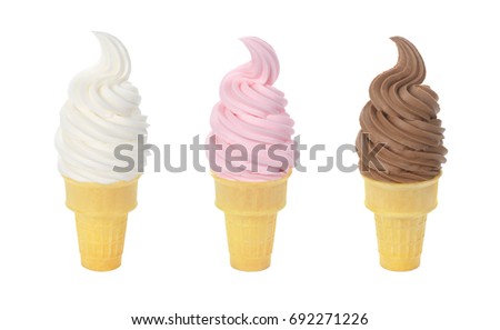 Three Flavors of Soft Serve Ice Cream or Frozen Yogurt in Wafer Cones Isolated on a White Background