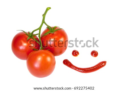 Fresh and yummy branch of ripe cherry Tomatoes with cute ketchup or sauce smile isolated on white background. High quality studio shot of delicious tomatoes with trendy ketchup smie