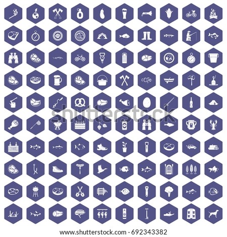 100 BBQ icons set in purple hexagon isolated vector illustration
