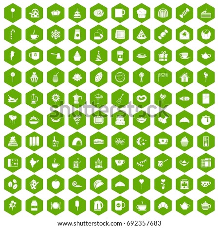 100 tea party icons set in green hexagon isolated vector illustration