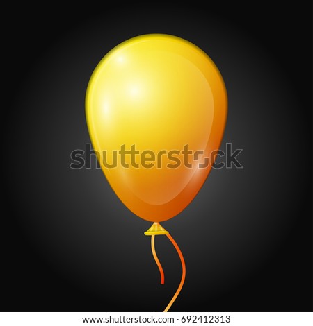 Realistic yellow balloon with ribbon isolated on black background. Vector illustration of shiny colorful glossy balloon