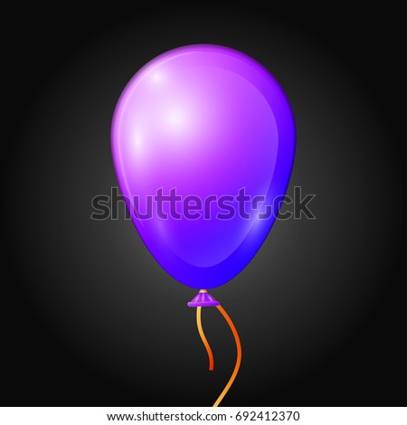 Realistic purple balloon with ribbon isolated on black background. Vector illustration of shiny colorful glossy balloon