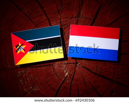 Mozambique flag with Dutch flag on a tree stump isolated