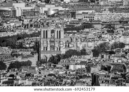 Famous Notre Dame church in Paris - aerial view