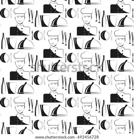 Kitchen. Chef. Restaurant. Seamless pattern. Vector illustration on a black background. Swatch inside. Flat design style